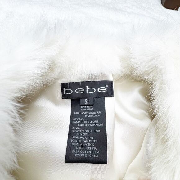 BEBE Ivory Cream Rabbit Fur Cropped Zip-up Jacket Lined Coat size Small - Picture 7 of 13